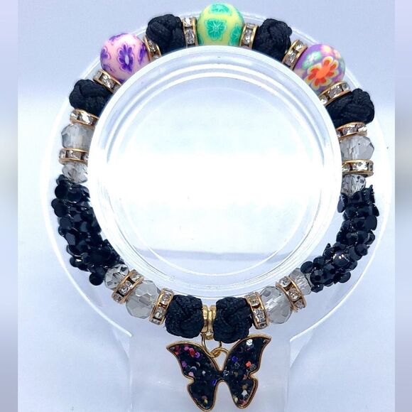 Butterfly Sparkly Beaded Black Cord Bracelet Handmade Stretchy Cottagecore New - Picture 6 of 9